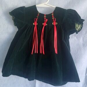 vintage Bryan dark green‎ velvety baby dress 6/9 months doll clothes red ribbons